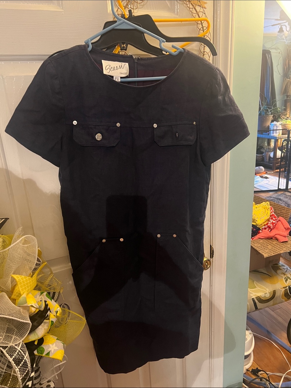 Scaasi Linen Navy Short-Sleeve Midi Dress with Pocket Details. Size 10, vintage
